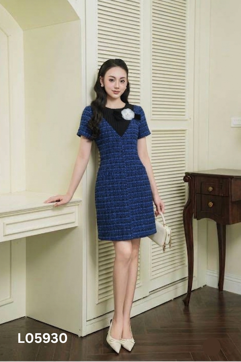 Váy dạ xanh ELISE phối hoa