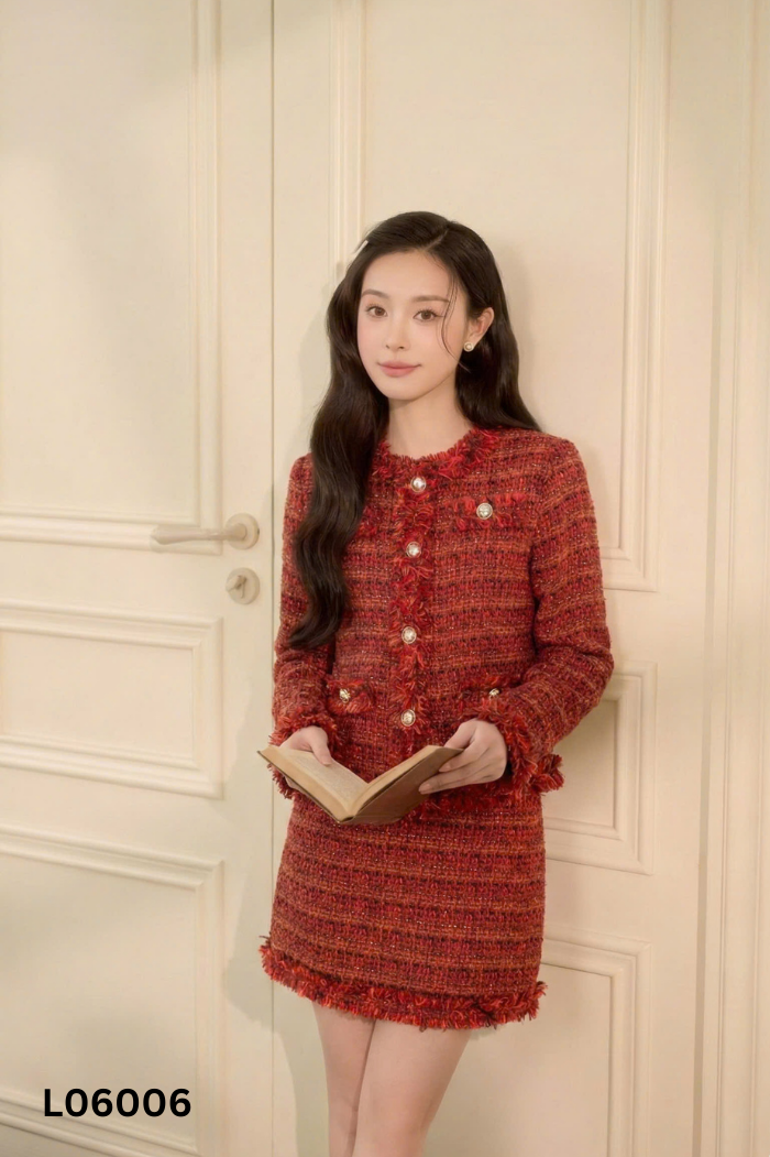Set áo khoác dạ đỏ + chân váy
