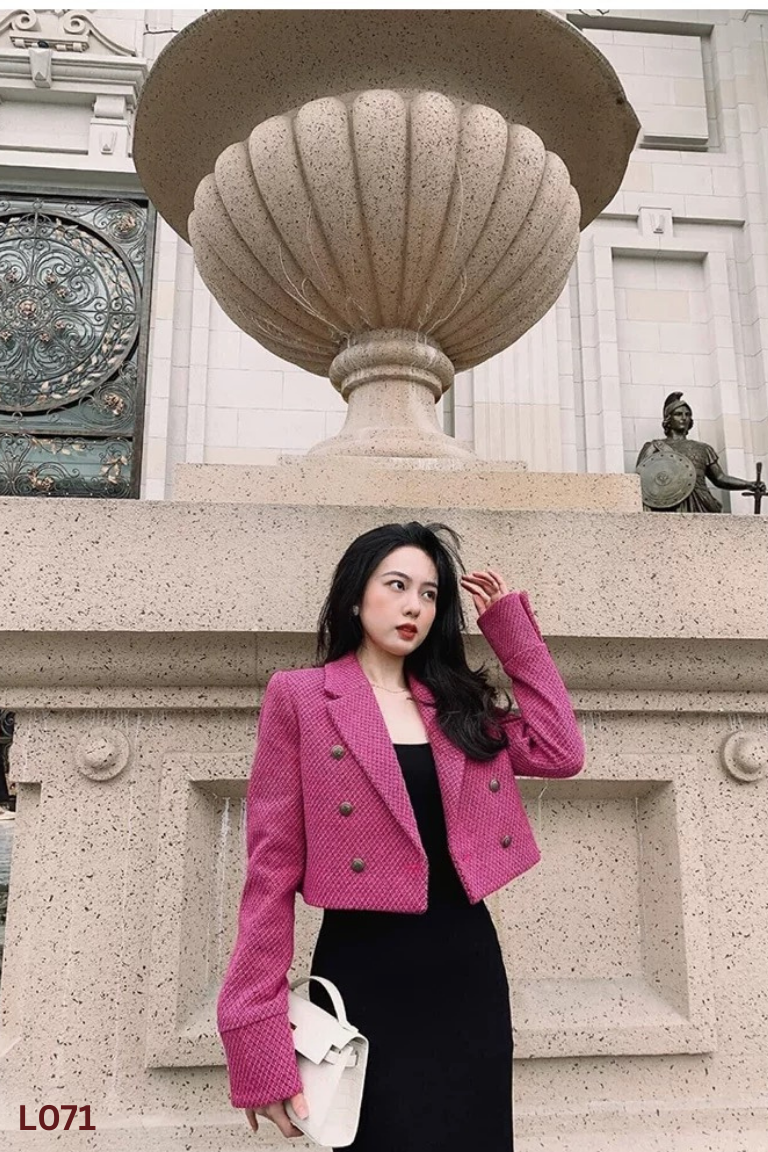 Áo dạ tweed hồng ZARA phối cổ kiểu vest
