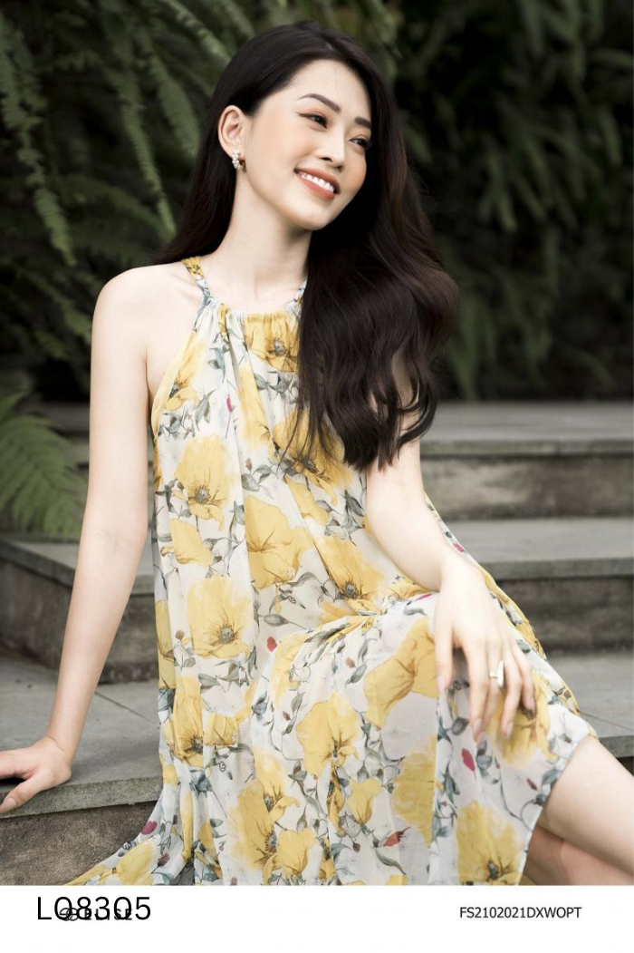 Váy hai dây xanh ELISE họa tiết hoa vàng suông