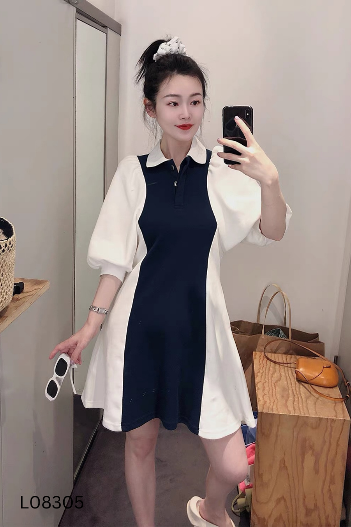 Váy trắng mix xanh phối cổ polo