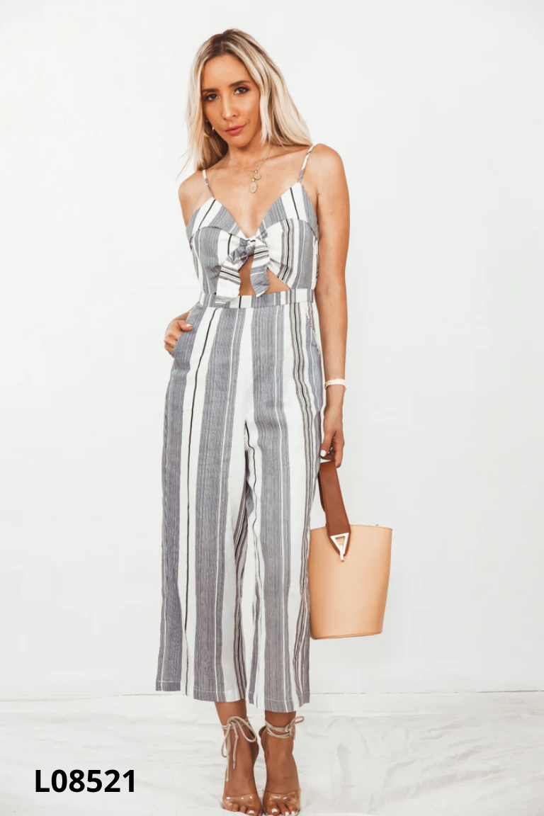 Jumpsuit trắng kẻ xanh IRIS hai dây