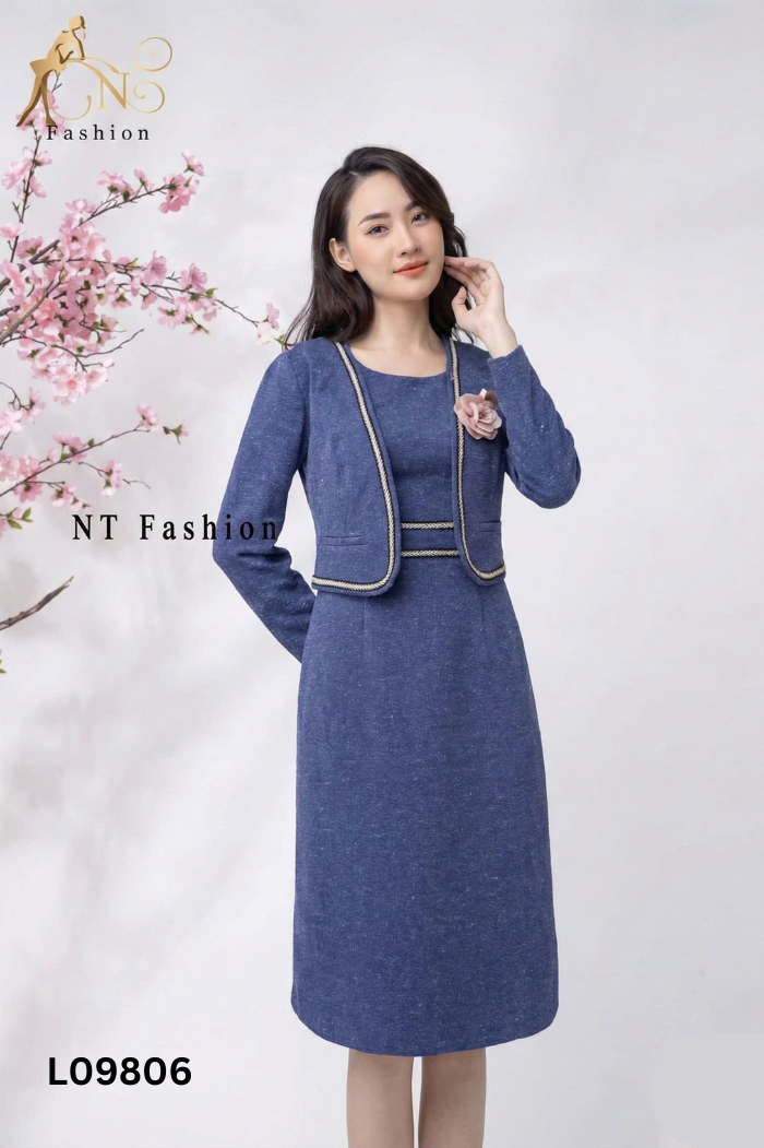 Set áo khoác + váy dạ xanh dương