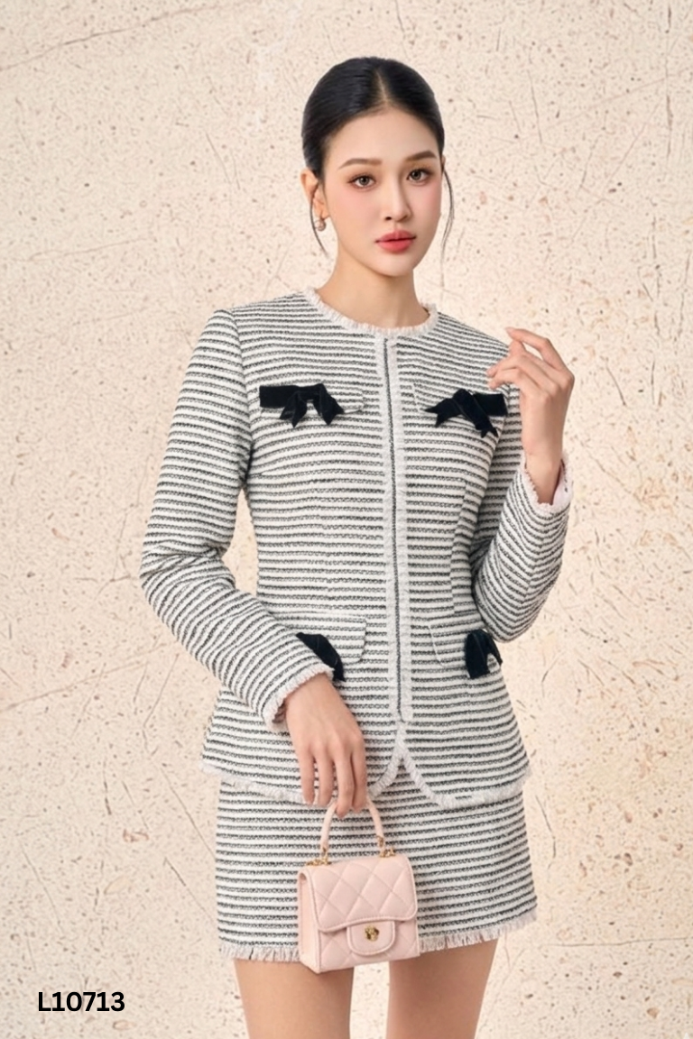 Áo dạ tweed trắng phối đen
