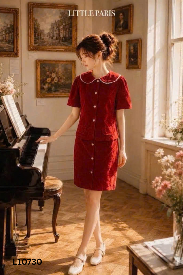 SET áo LITTLE PARIS đỏ nhung+ chân váy