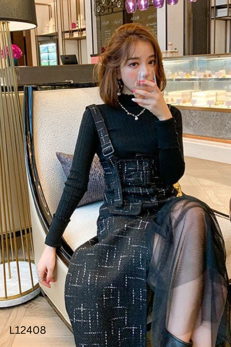 Váy MIUCO dạ đen phối lưới
