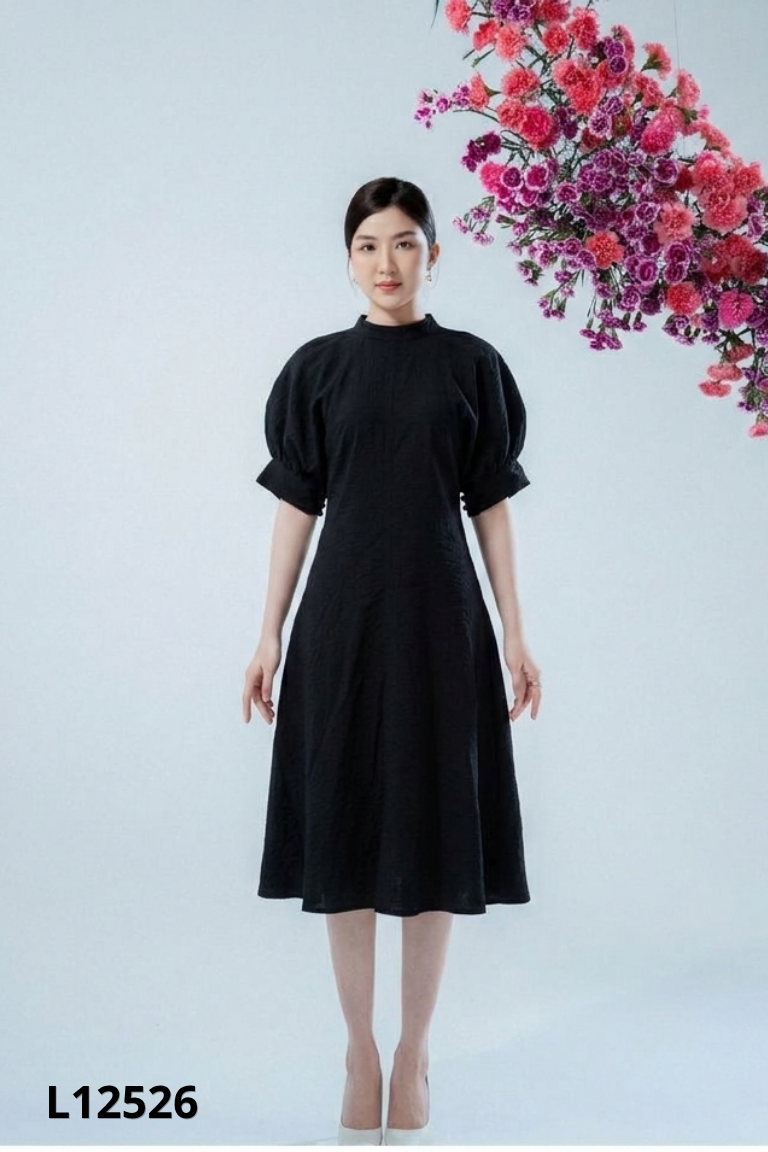 Váy đũi đen ISABEL tay phồng