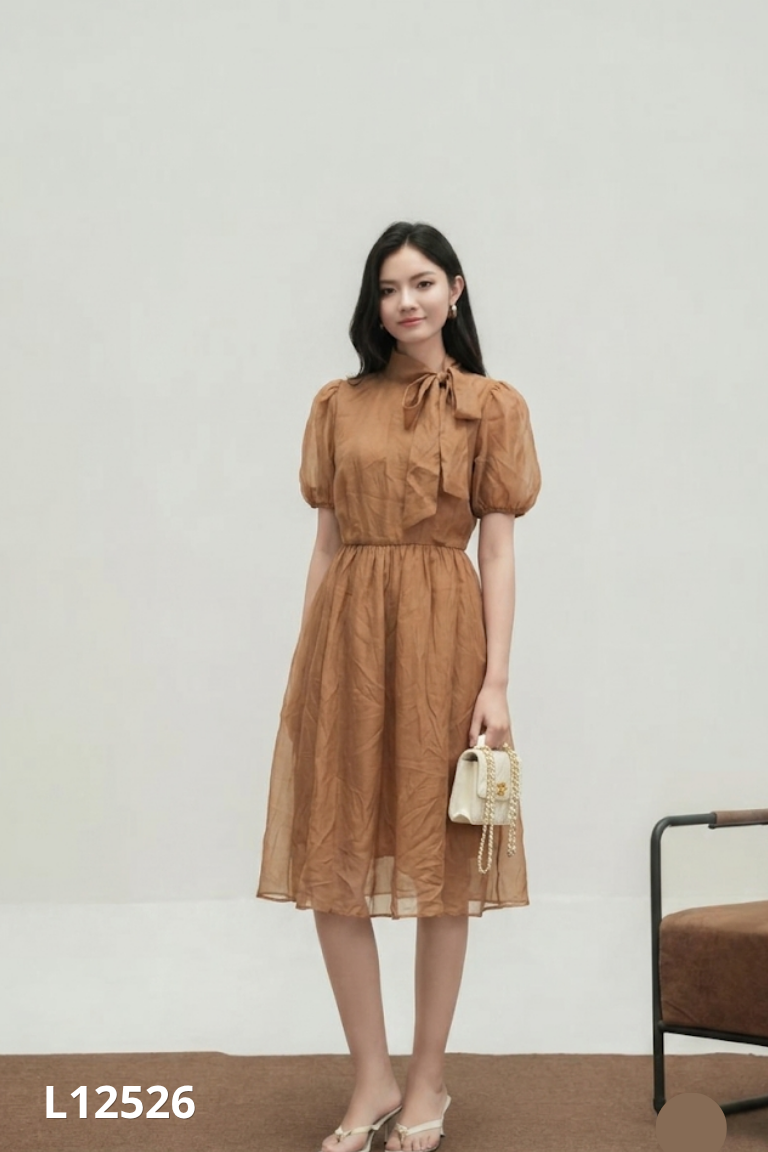 Váy voan nâu HUONG BOUTIQUE buộc nơ