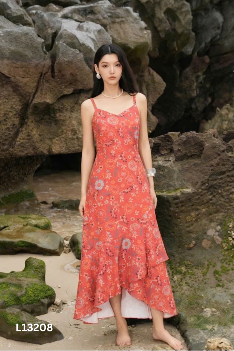 Váy MARC đỏ hai dây phối hoa