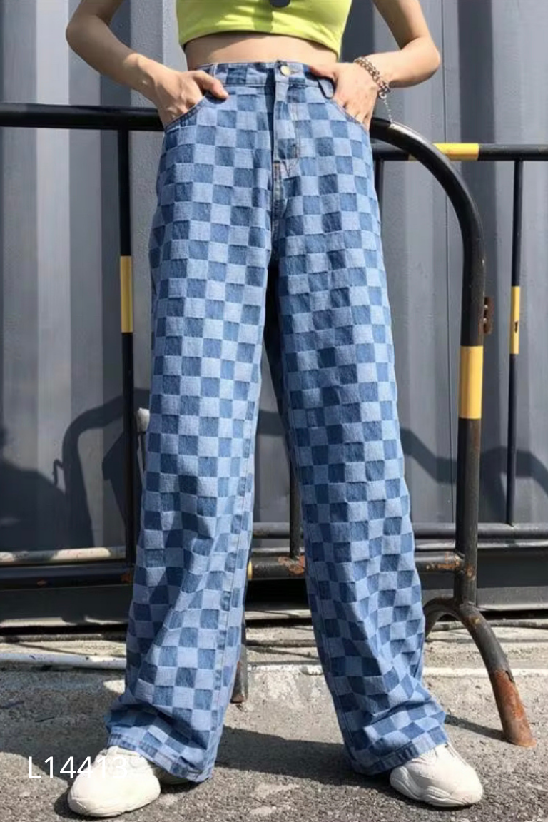 Quần jeans xanh HM kẻ ô