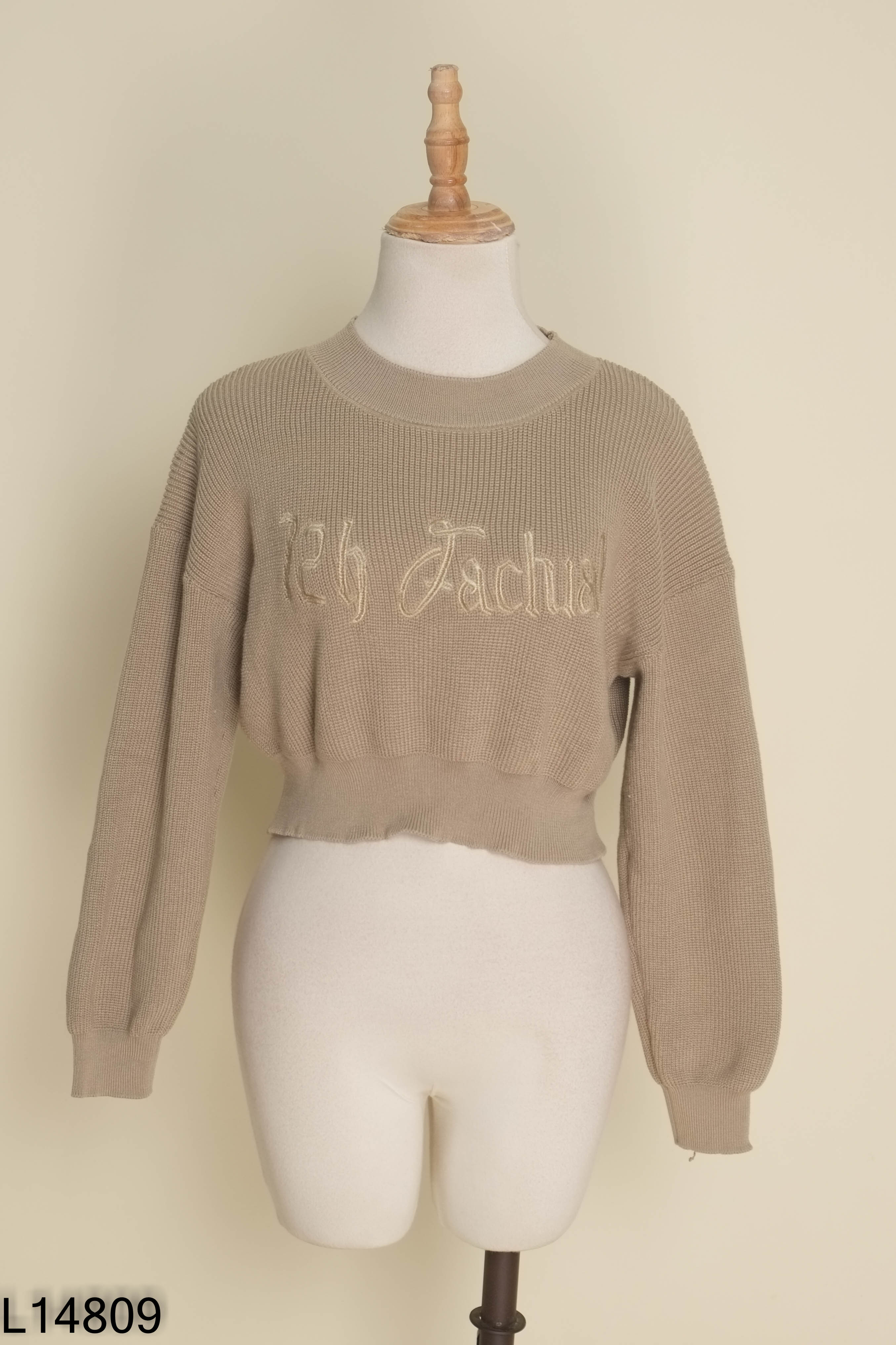 Áo len croptop nâu thêu chữ