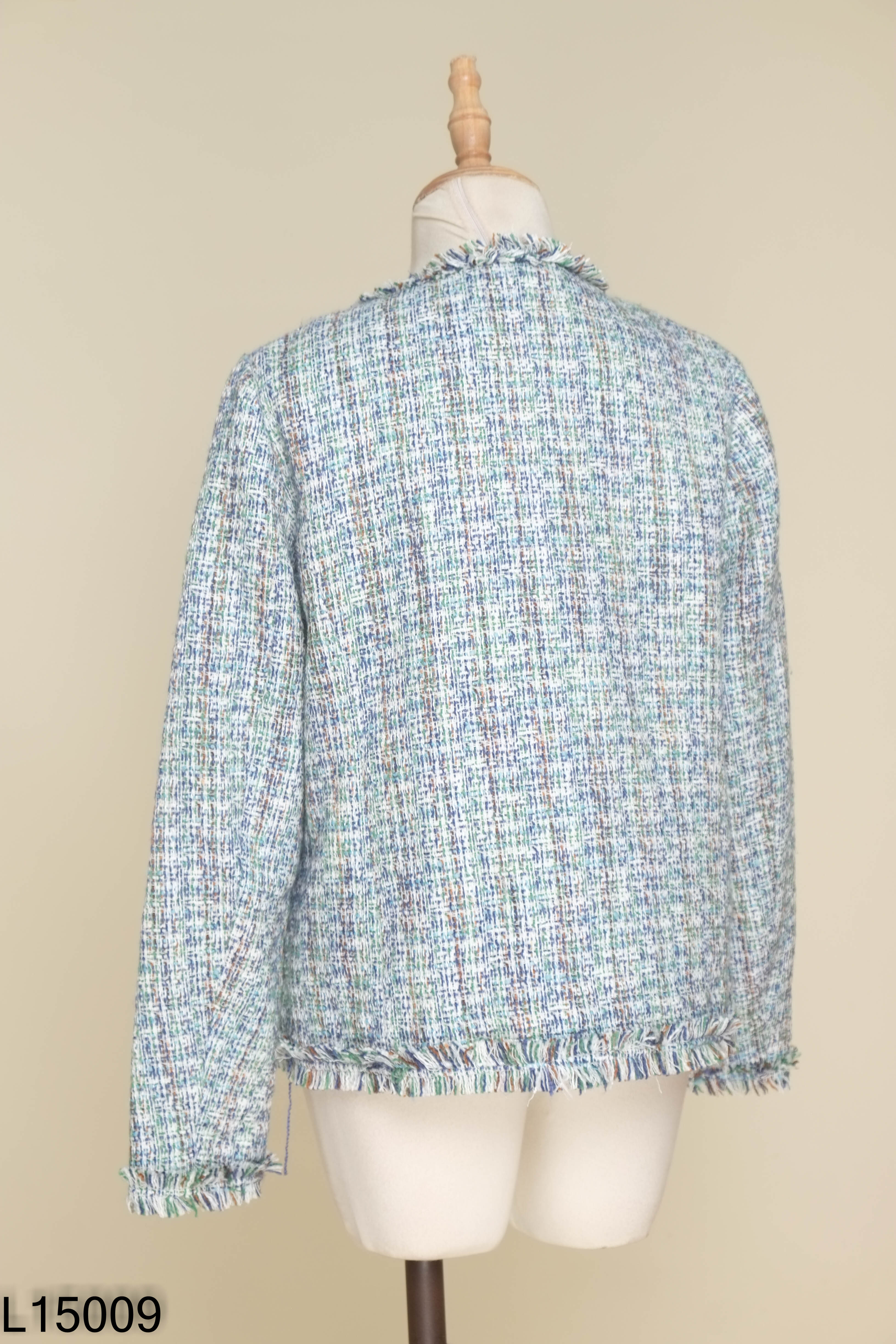 Áo khoác dạ tweed xanh viền tua rua