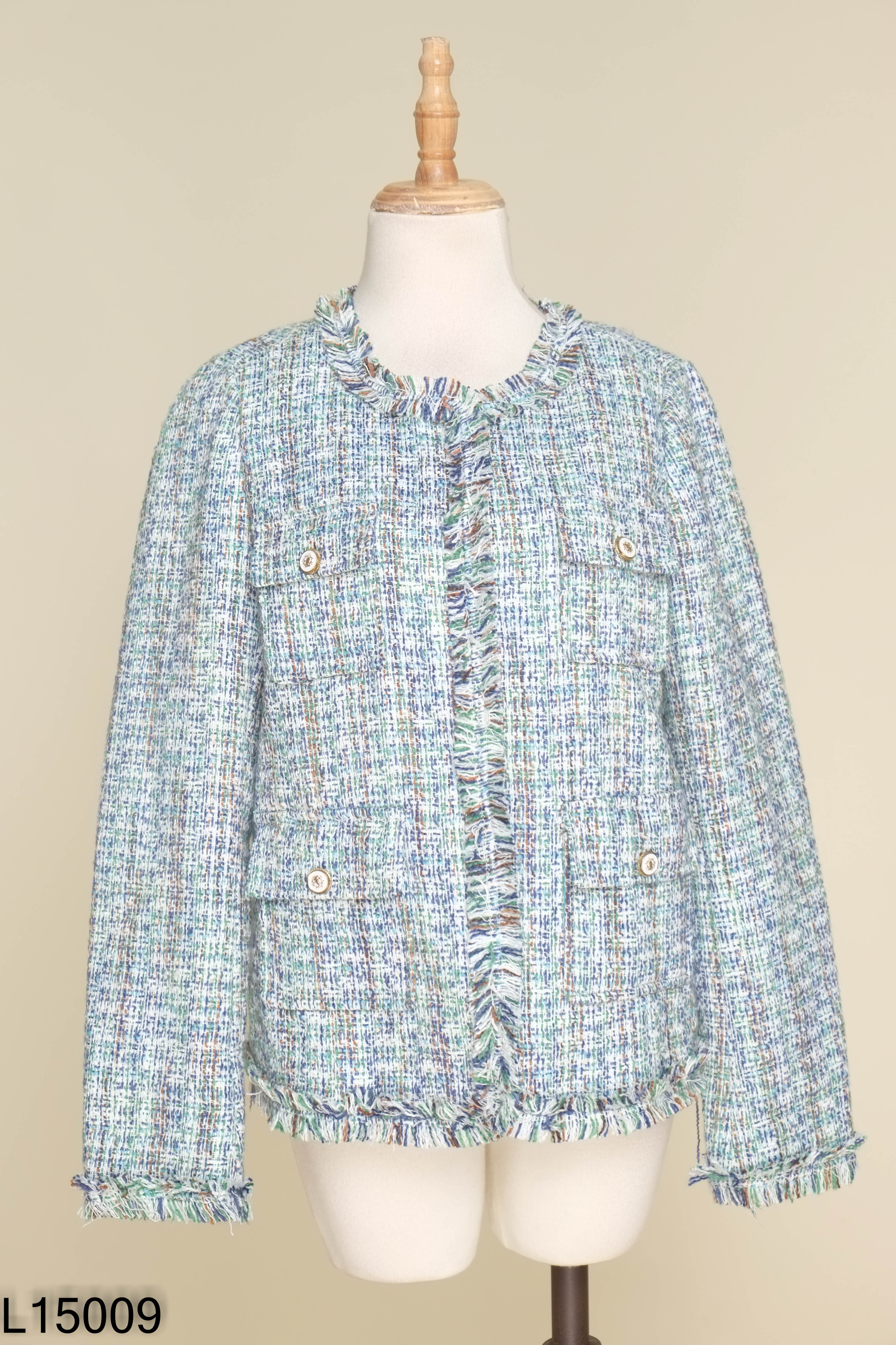 Áo khoác dạ tweed xanh viền tua rua