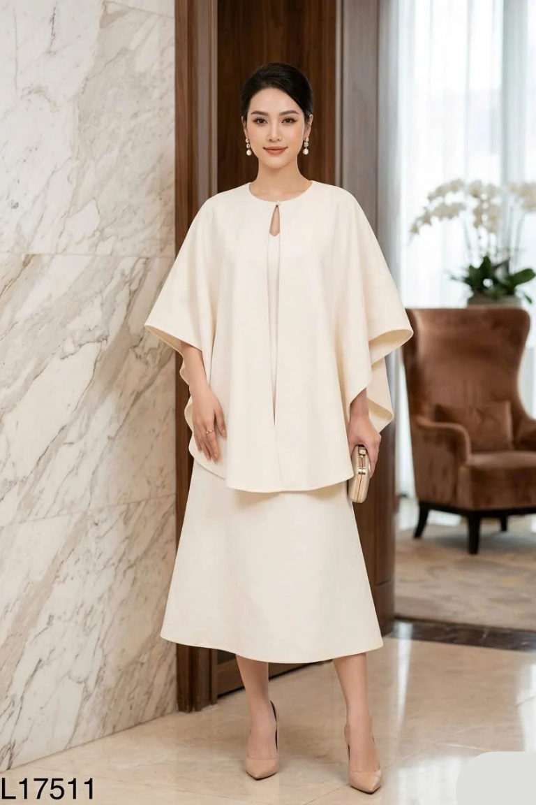 Set Váy dạ trắng dài trơn + áo choàng
