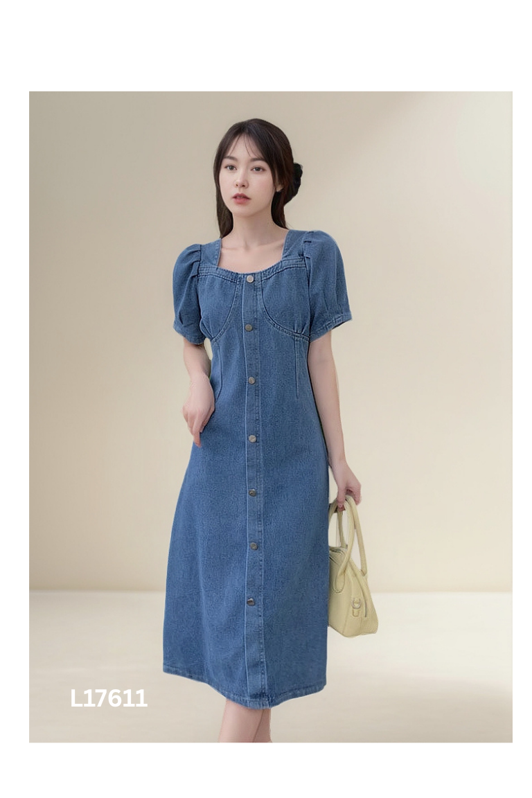 Váy jeans xanh cổ vuông