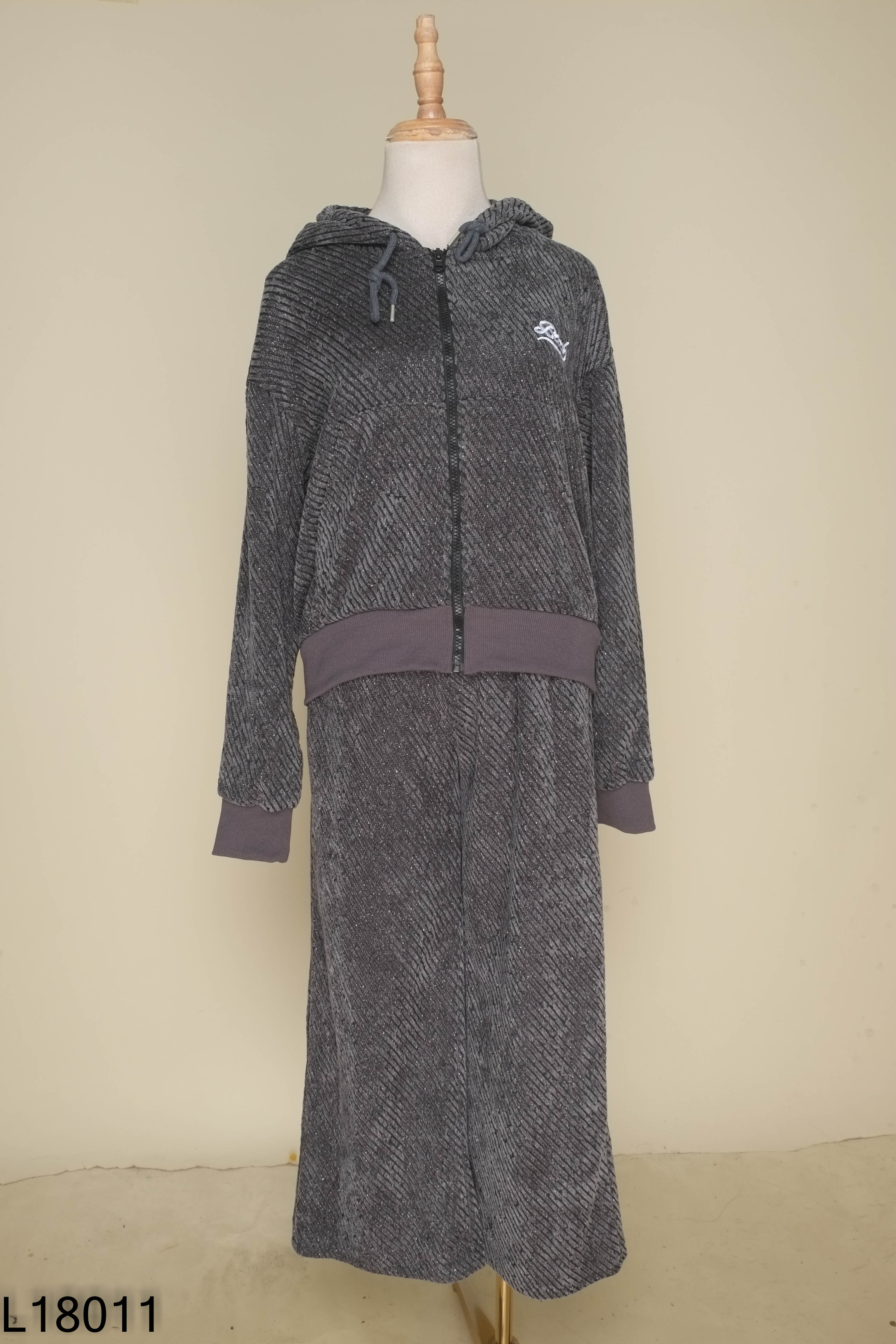 Set áo hoodie zip len xám + quần dài