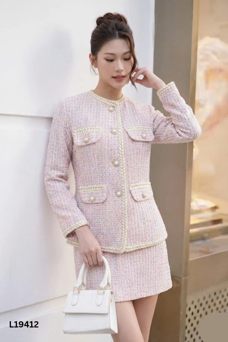 Set áo khoác dạ AUDREY hồng + chân váy