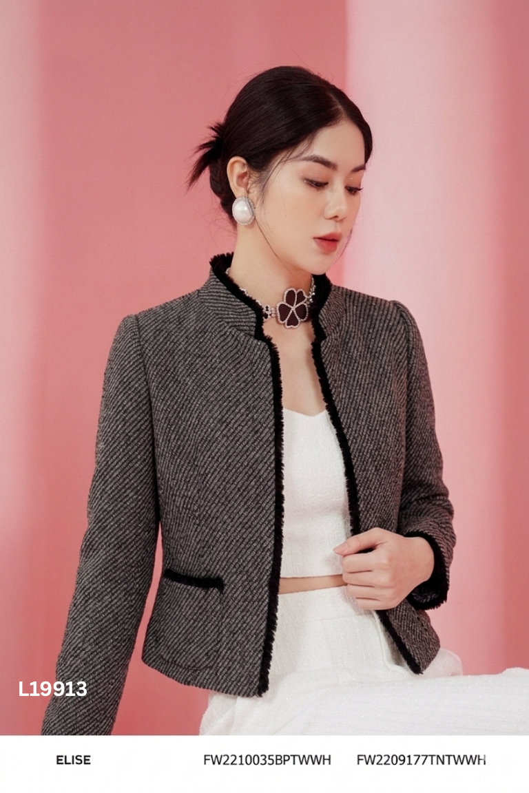 Áo khoác dạ ELISE đen kẻ xám