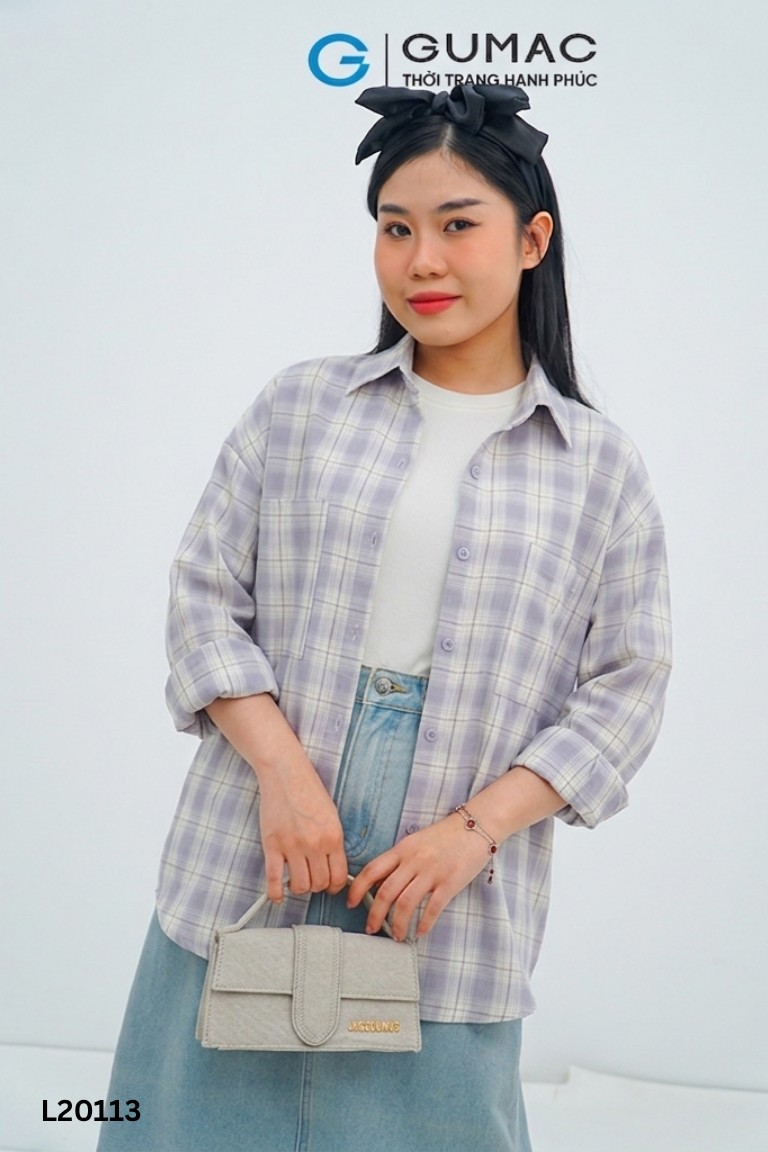 Áo GUMAC sơ mi be phối xanh