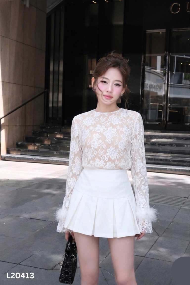 SET áo be lưới+ chân váy xếp li