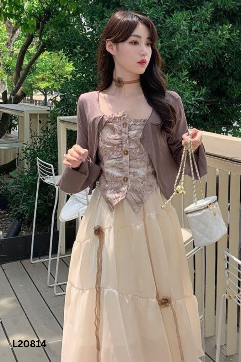 Váy cúp ngực be phối nâu