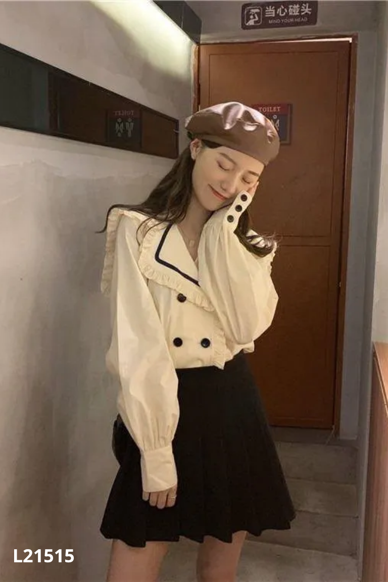 Áo sơ mi LAMO be viền đen cổ bèo