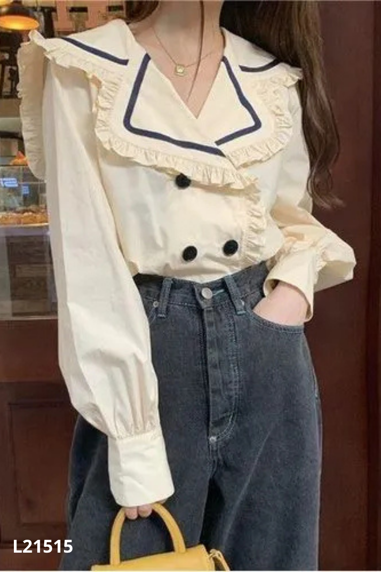 Áo sơ mi LAMO be viền đen cổ bèo