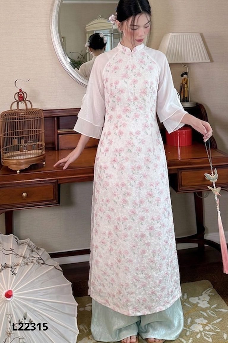 Set Áo dài be họa tiết cách tân + Quần lụa hồng
