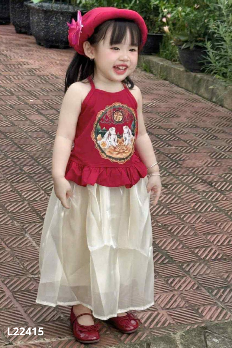 Set Áo yếm đỏ họa tiết + Chân váy voan KIDS