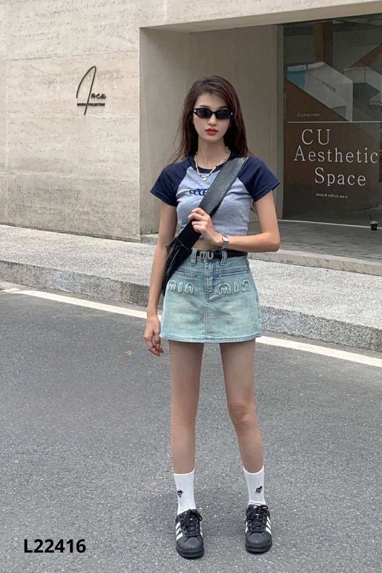 Chân váy jeans xanh giả quần