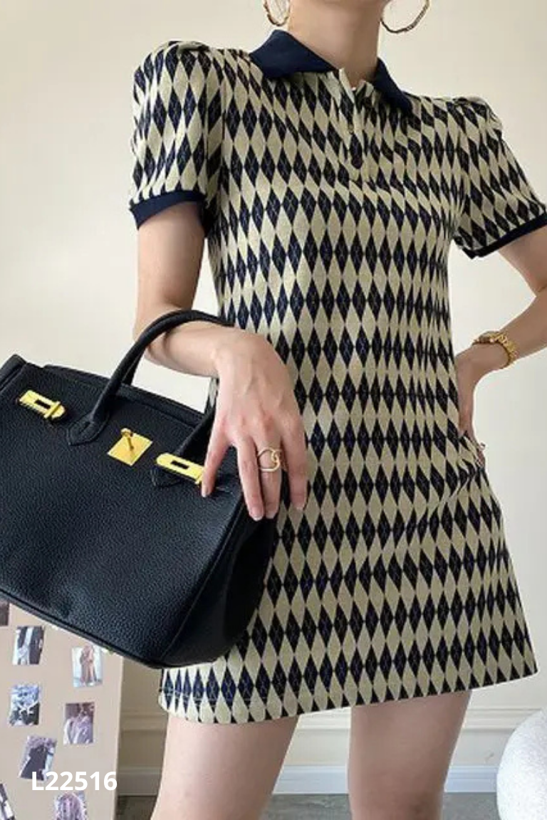 Váy polo len be họa tiết xanh than