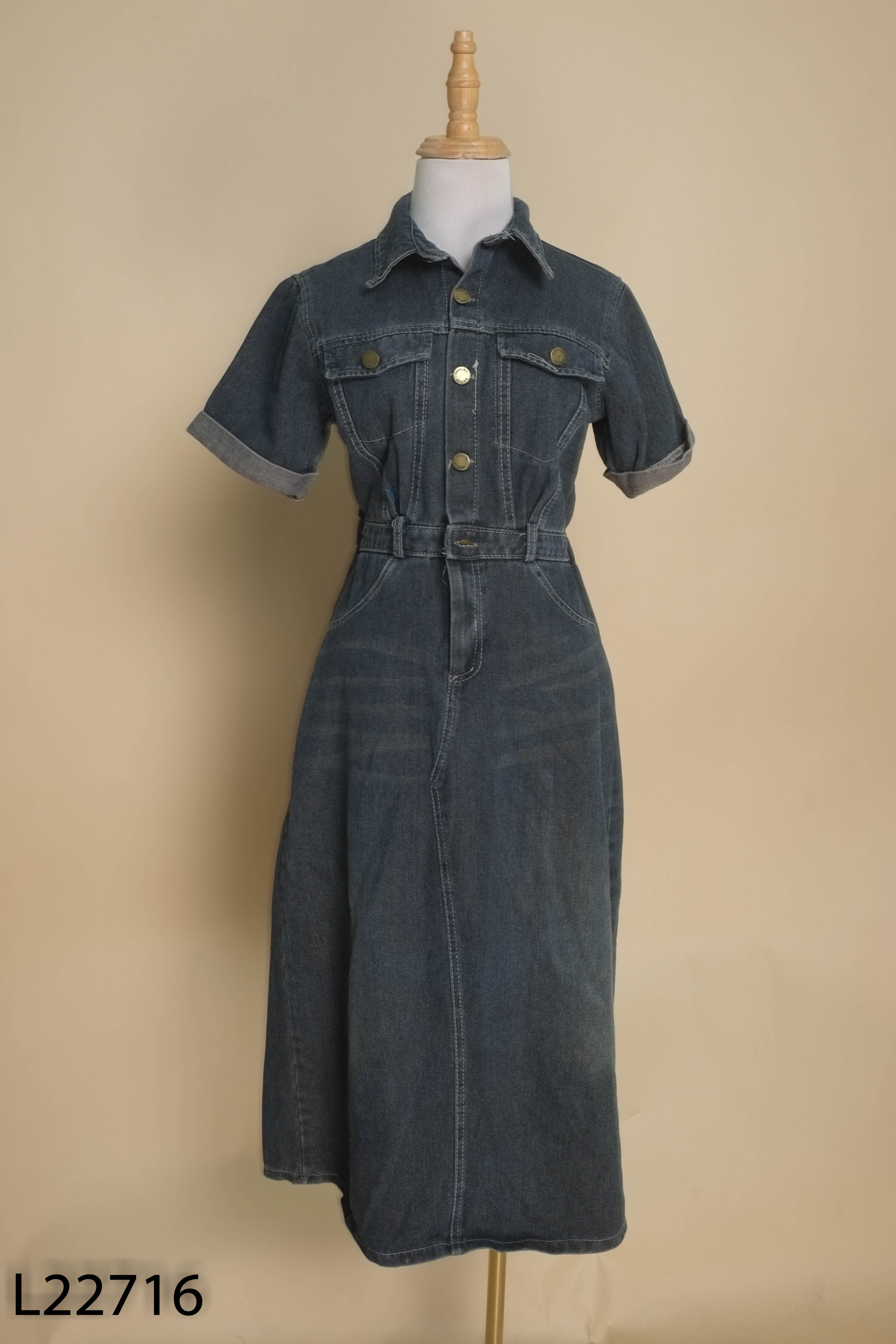 Váy jeans xám xanh cổ sơ mi