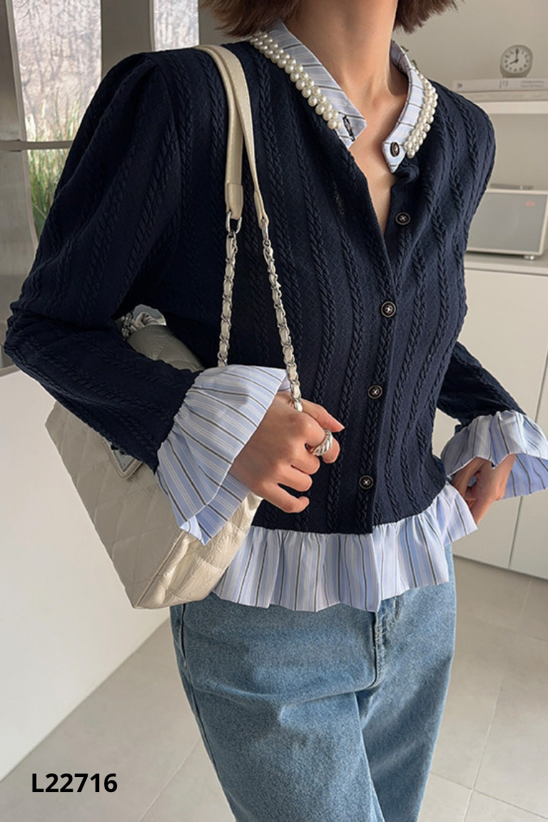 Áo len xanh than cổ viền ngọc