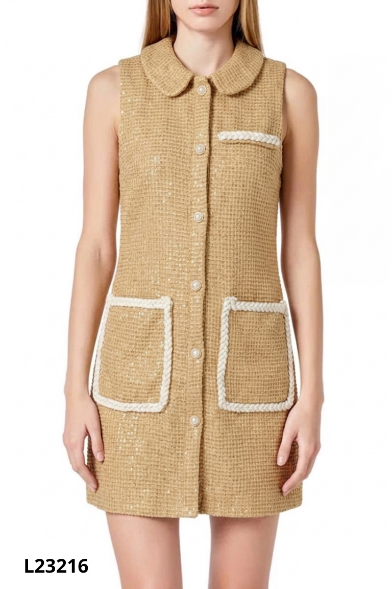 Váy dạ len vàng GGWOMEN sát nách đính sequin