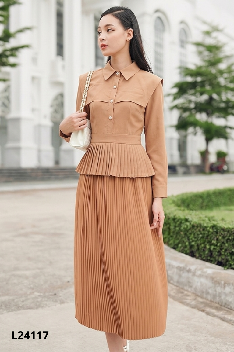 Váy nâu xếp ly dáng dài