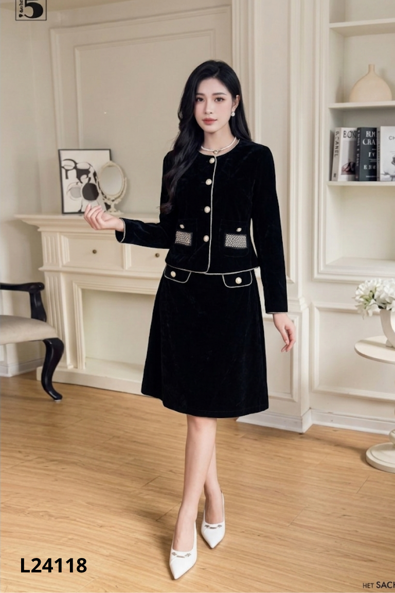 Set áo khoác + chân váy nhung đen viền vàng