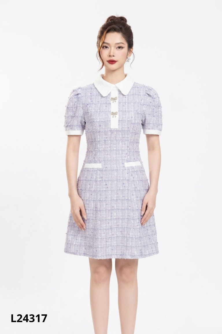 Váy dạ tweed len xanh DAISY phối trắng