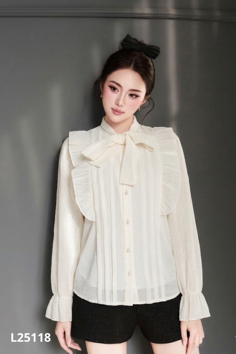 Áo sơ mi nữ voan be cúc ngọc phối bèo