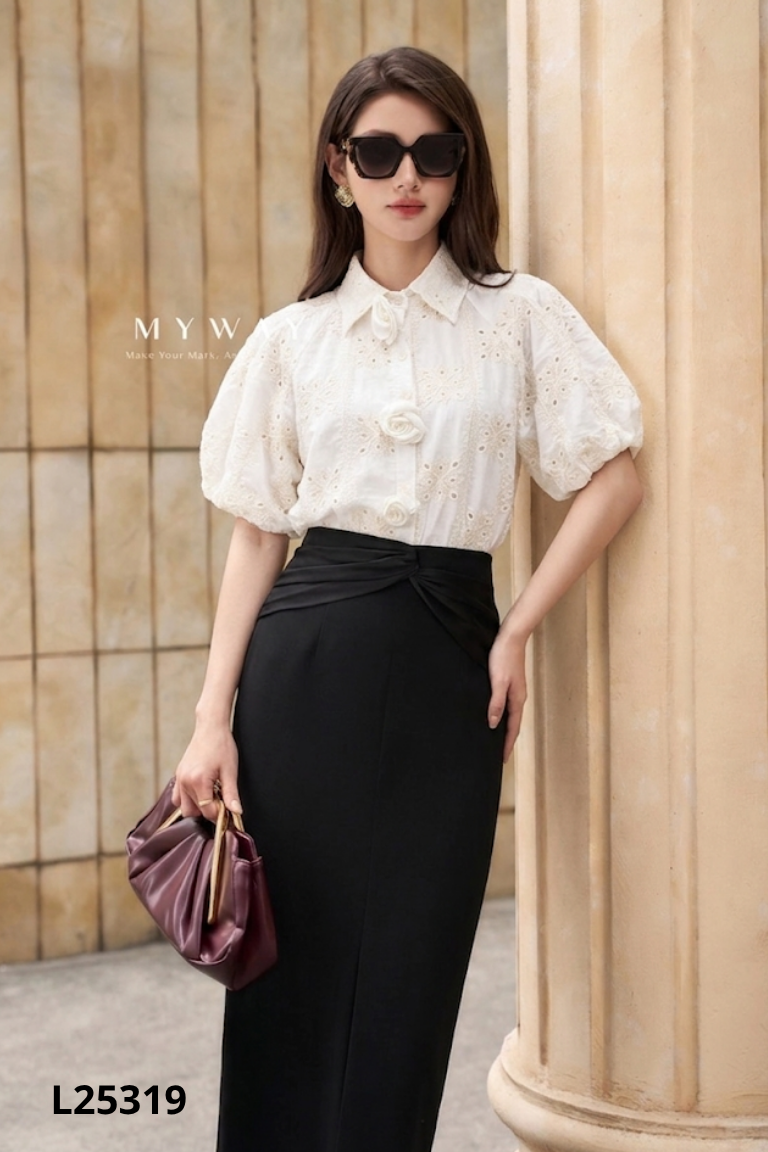 Áo sơ mi be tay bồng đính hoa