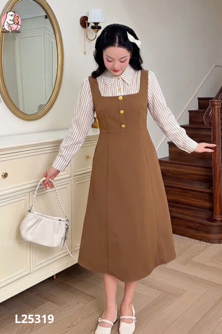 Váy JEMLY nâu phối cổ sơ mi be kẻ sọc