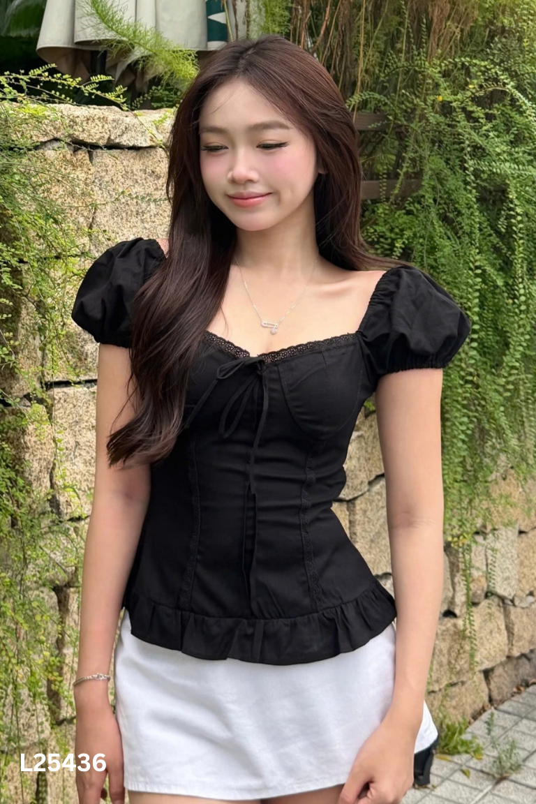 Áo bèo đen viền ren buộc nơ