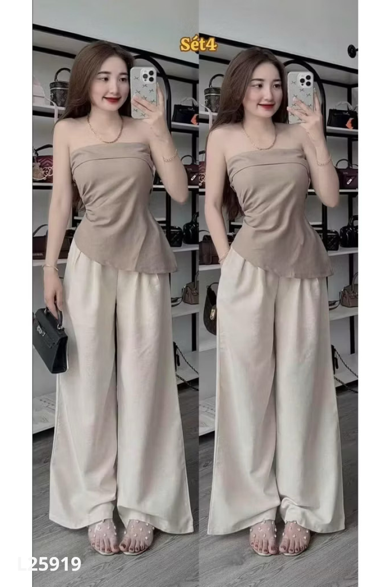L2591910472-Set áo quây xanh rêu+ quần be