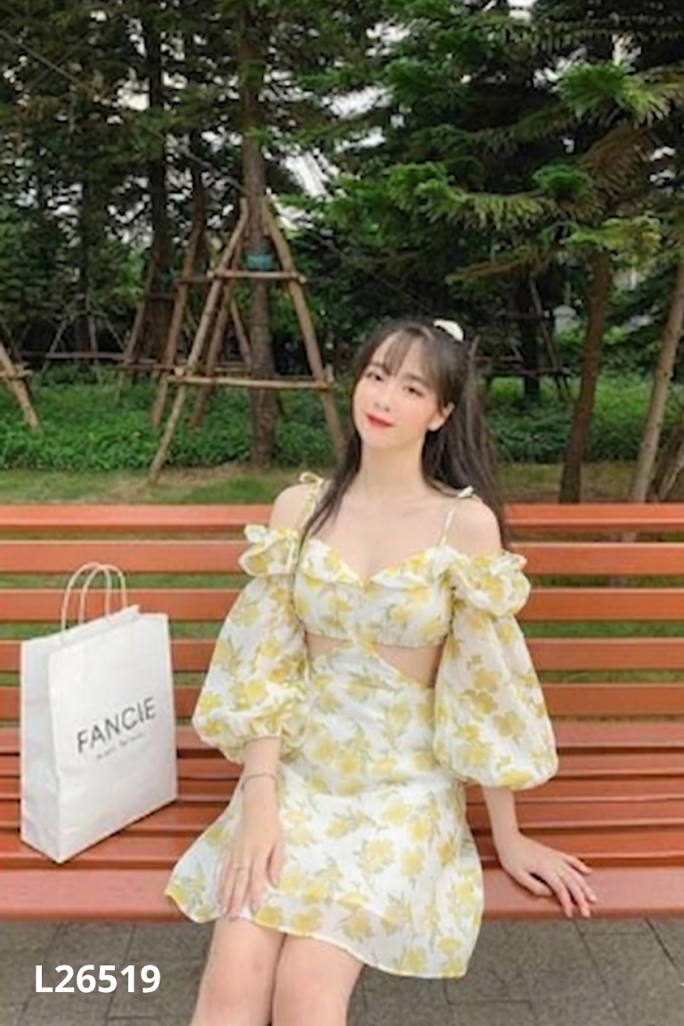 Váy be họa tiết xanh LOLASHOP phối kiểu hở eo