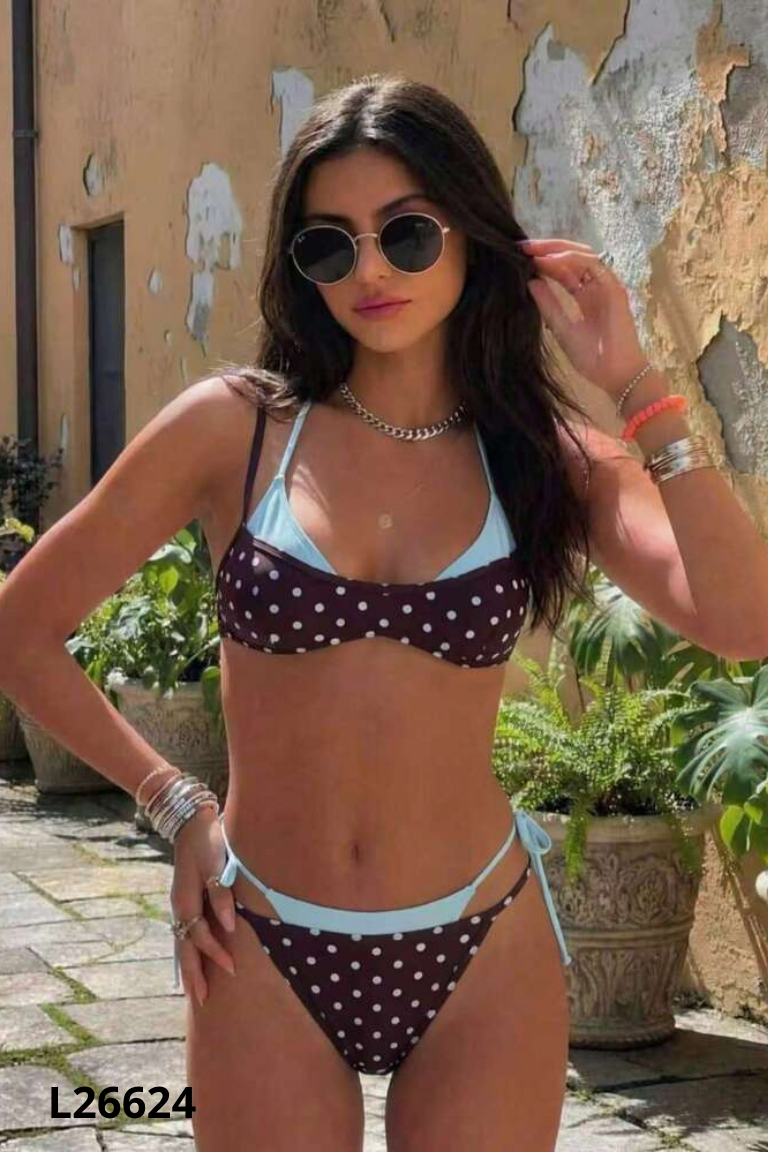 Set Bikini nâu chấm bi phối xanh