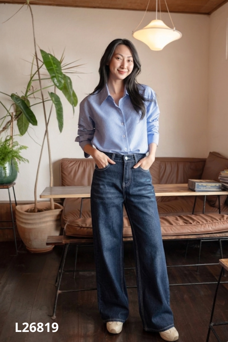 Quần jeans xanh đậm ống rộng trơn