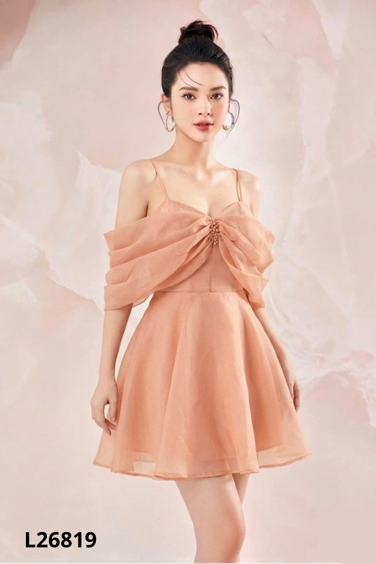Váy voan hồng cam hai dây phối nơ ngực