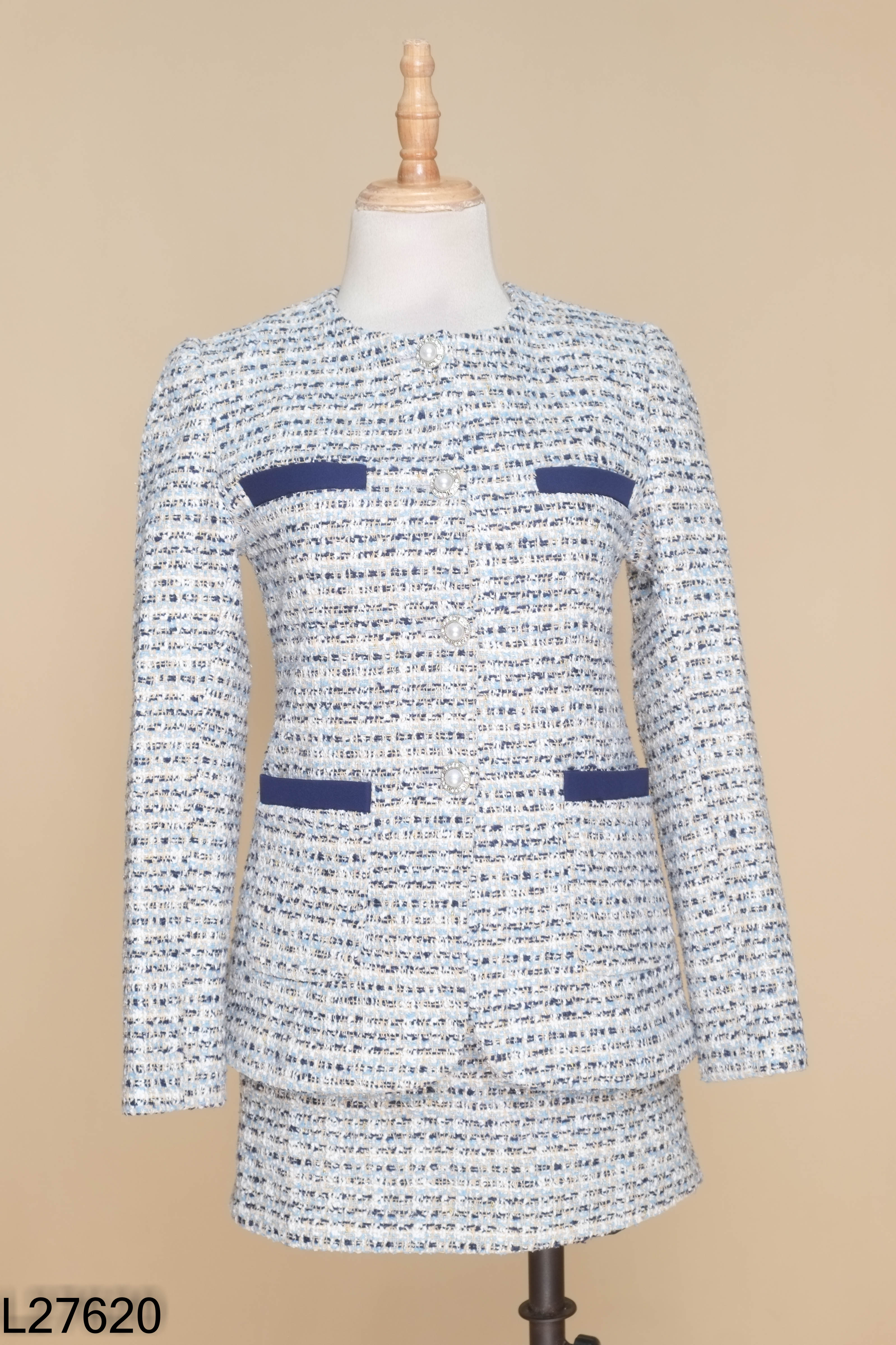 L2762010639-Set Áo dạ tweed NKN xanh cúc ngọc + chân váy