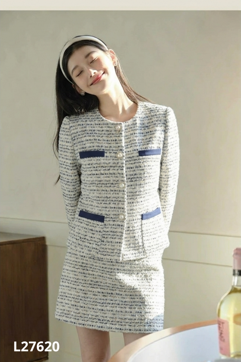 L2762010639-Set Áo dạ tweed NKN xanh cúc ngọc + chân váy