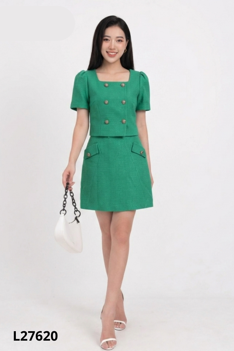 L2762010640-Set Áo xanh CHAMY phối cúc + chân váy