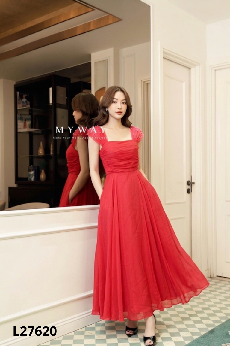 L2762010650-Váy voan đỏ phối lưới đính ngọc